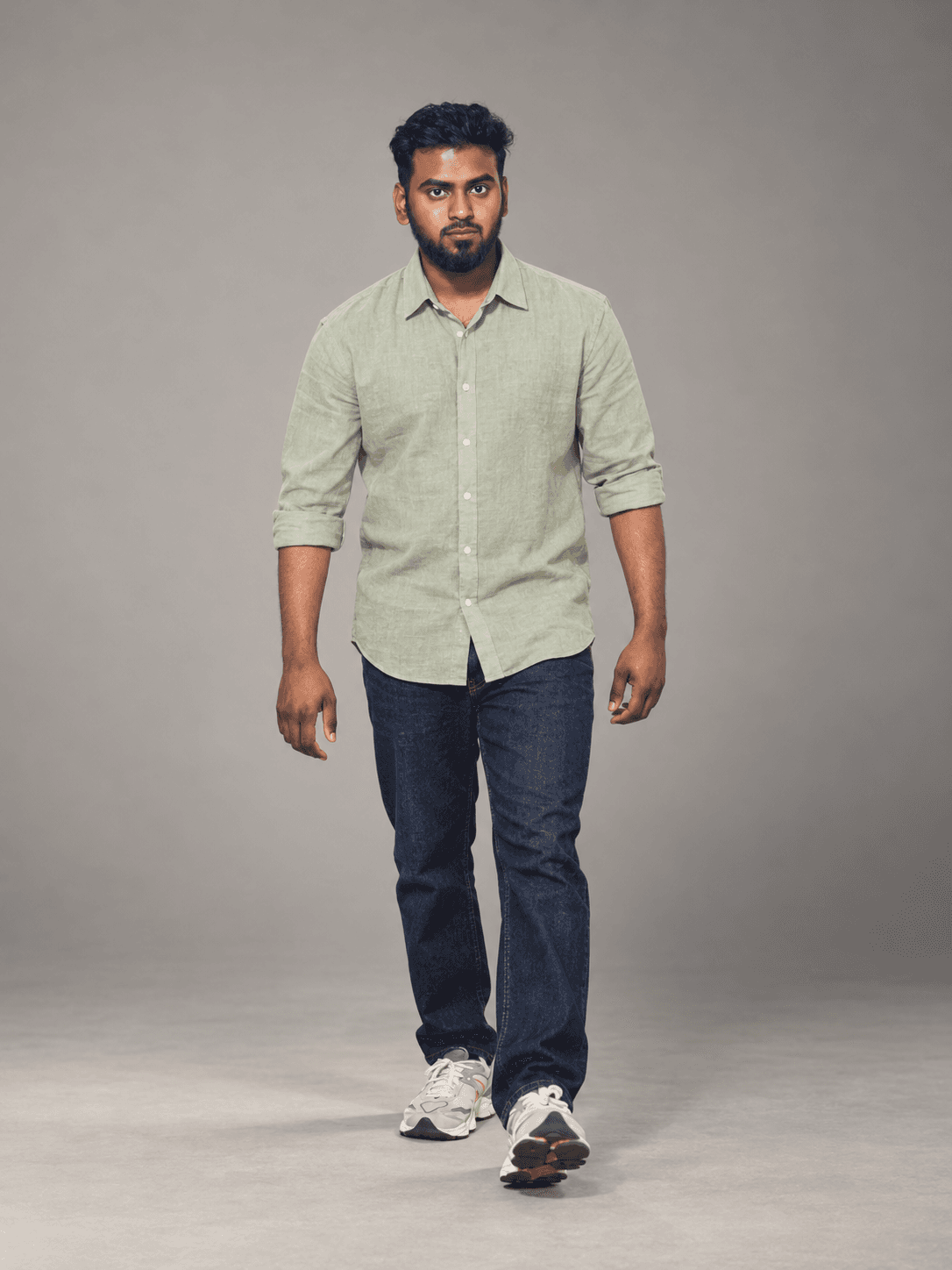 Sage linen shirt with indigo jeans
